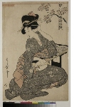 Edo no hana musume jōruri (Flowers of Edo: Jōruri ballads by young women): Woman adjusting hairpin under sprig of plum blossom