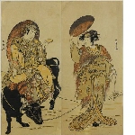 Actors Matsumoto Kōshirō IV as Koshiba Yujuenojō (?) (left), and Yoshizawa Ayame IV as Okume (?) (right)