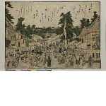 Perspective view of a Bishamon Shrine with a crowd of visitors
